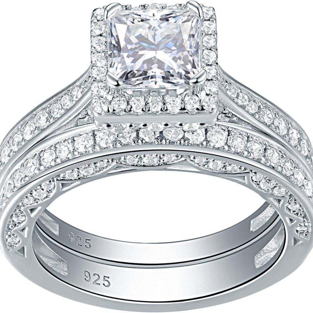 Cubic Zirconia Wedding Ring Set Sterling Silver Princess Bridal Band for Women